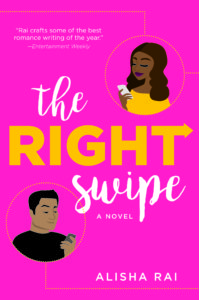 cover of the right swipe, two millennials gazing at their phone, hot pink background